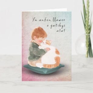 Sending Hugs Cwtches Welsh Boy and Cat Card