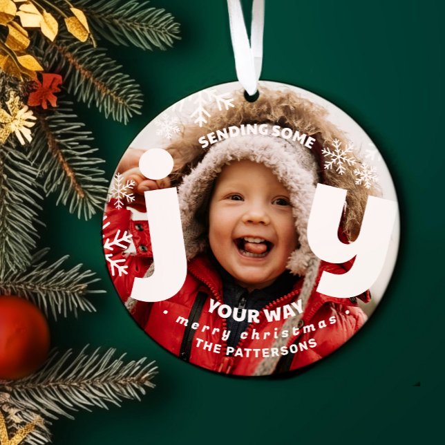 Sending Joy Snowflake Personalised Photo Christmas Ornament (Sending joy custom photo ornament shown on evergreen background.)
