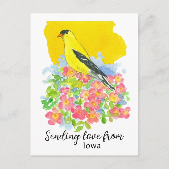 Sending Love From Iowa Goldfinch Prairie Rose Postcard (Front)