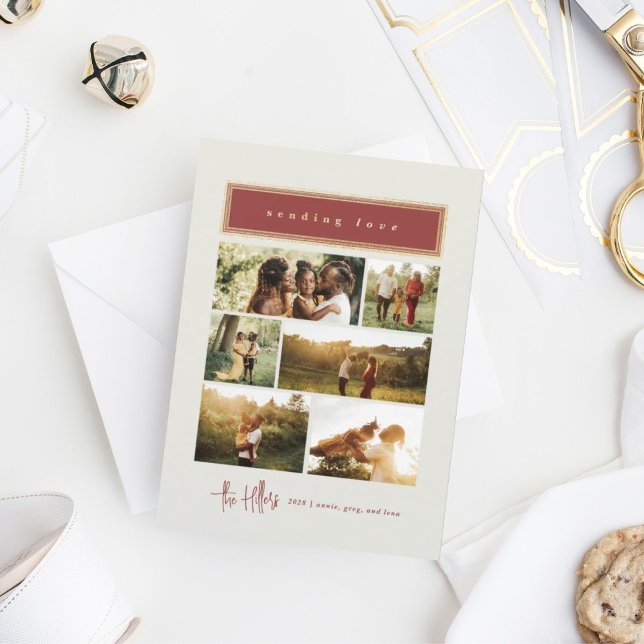 Sending Love Red and Gold Photo Collage Family Holiday Card (Creator Uploaded)