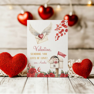 Sending Love Winged Envelope and Roses Valentine  Card