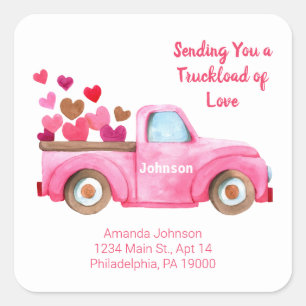 Sending You Love Hearts & Truck Pink Watercolor Square Sticker