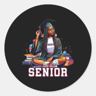 Senior 2024 Black Afro African Woman Graduation Bo Classic Round Sticker