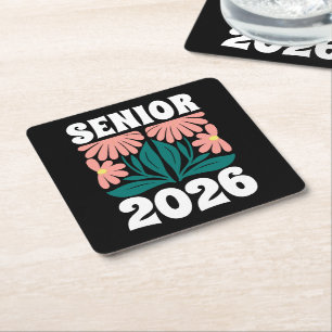 Senior 2026 Custom Retro Groovy Flowers Graduation Square Paper Coaster