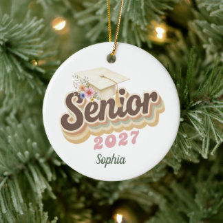 Senior 2027 Earthtones Floral Graduation Cap Ceramic Ornament
