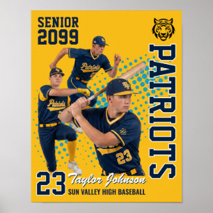 Senior Baseball Player Custom Photo Collage Yellow Poster