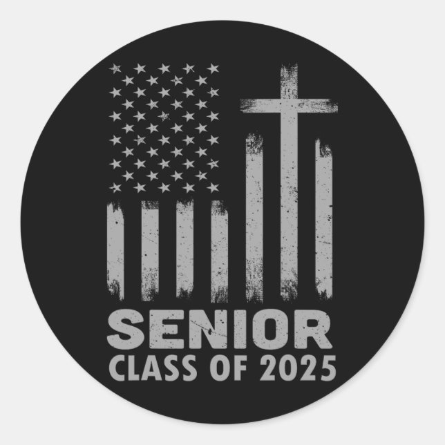 Senior Cl Of 2025 Usa Flag Cross Christian Graduat Classic Round Sticker (Front)