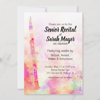 Senior Clarinet Recital Colourful Watercolor Desig Invitation