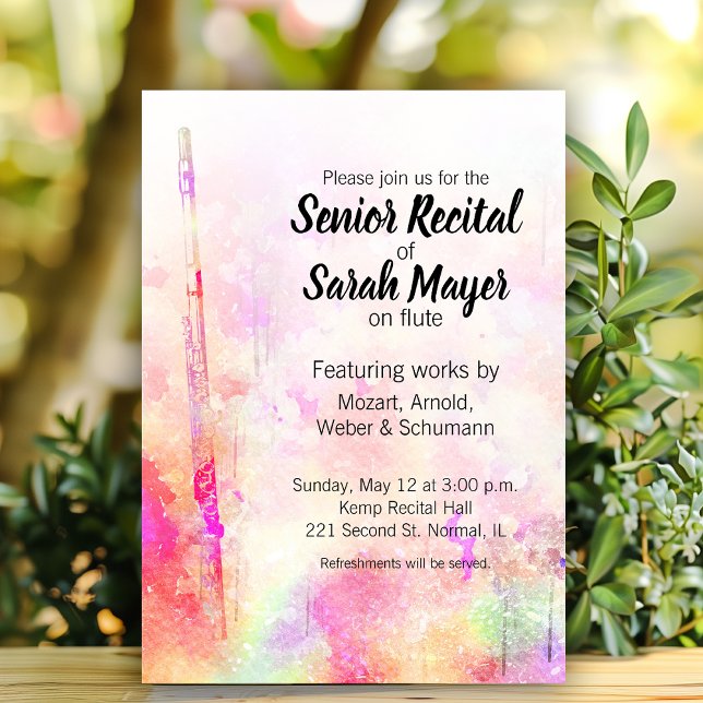 Senior Flute Recital Colourful Watercolor Design Invitation (Custom flute senior recital invitations.)