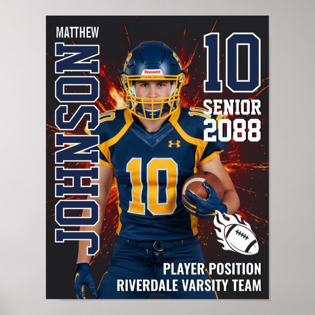 Senior Football Photo Fire Background Sports Poster (Front)