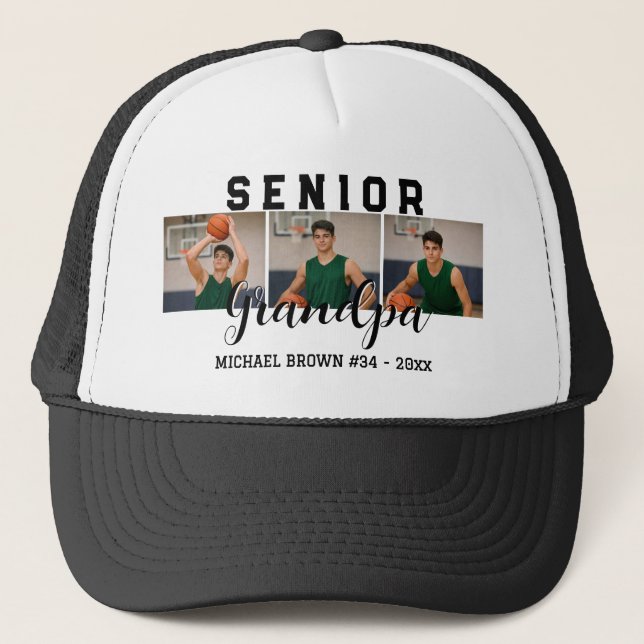 Senior Grandpa Custom 3 Photo Collage Basketball Trucker Hat (Front)