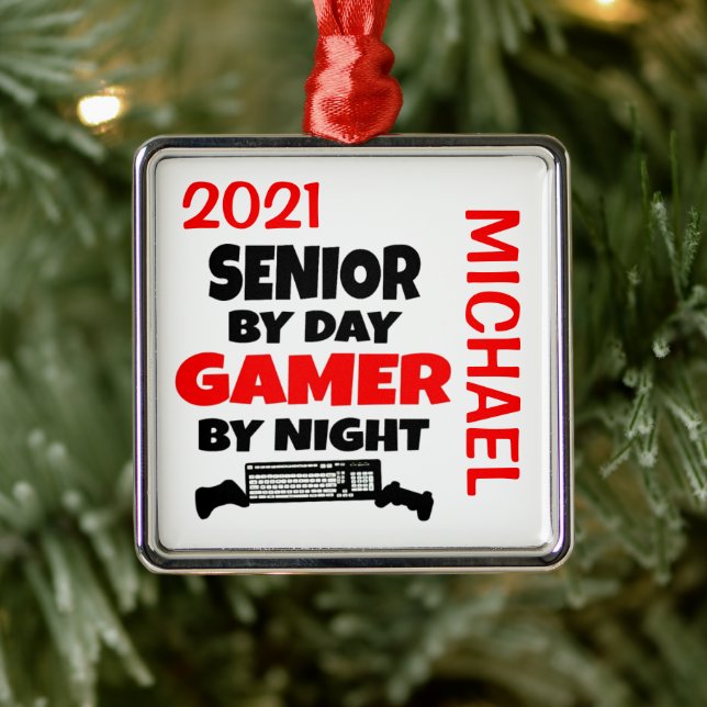 Senior Loves Playing Video Games CUSTOM Metal Ornament (Tree)