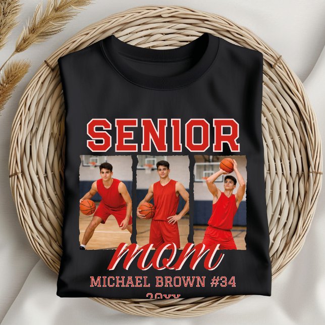 Senior Mom Basketball Photo Collage Custom Name T-Shirt (Creator Uploaded)