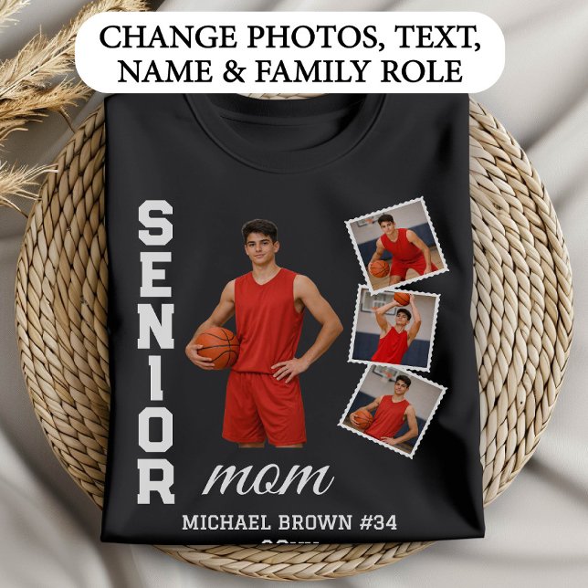 Senior Mom Basketball Photo Collage Custom Name T-Shirt (Creator Uploaded)