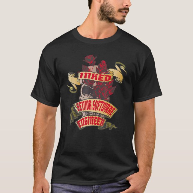 Senior Software Engineer Inked Skull & Red Roses T T-Shirt (Front)