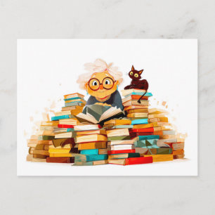 Senior woman reading in books with cheerful expres holiday postcard