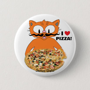 Señor Gato Cartoon Moustache Cat I Love Pizza! 6 Cm Round Badge