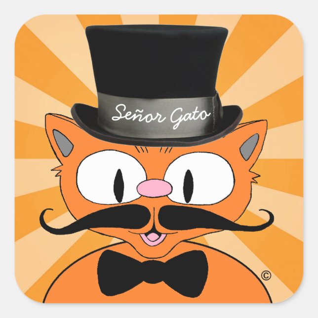Señor Gato Cartoon Moustache Cat with Bow Tie Square Sticker (Front)