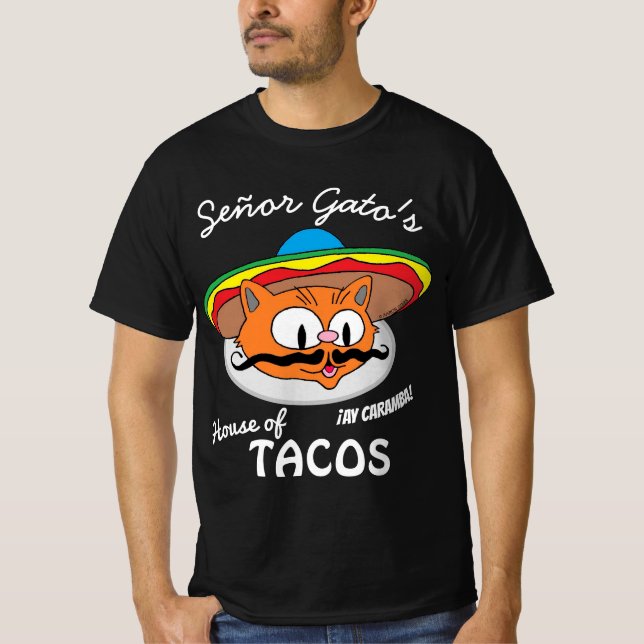 Señor Gato's House of Tacos Mexican Cartoon Cat T-Shirt (Front)