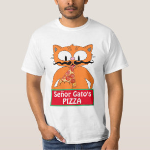 Señor Gato's Pizza Cartoon Mustache Cat Funny T-Shirt