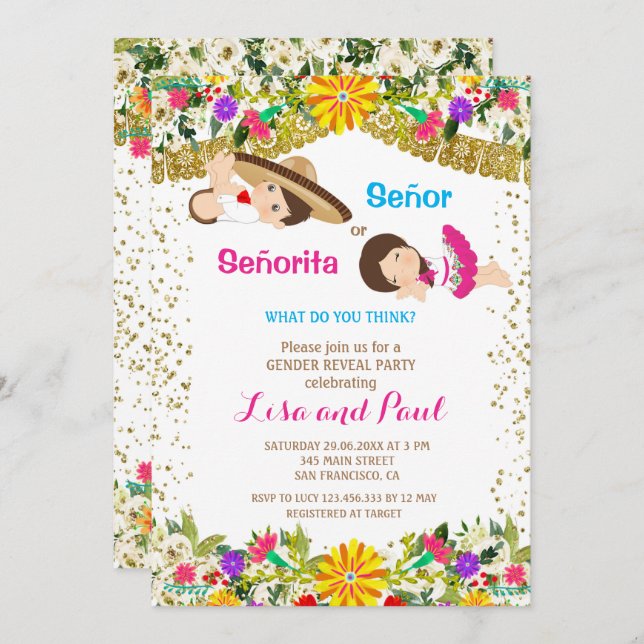Señor or Señorita Fiesta Gender Reveal  Invitation (Front/Back)