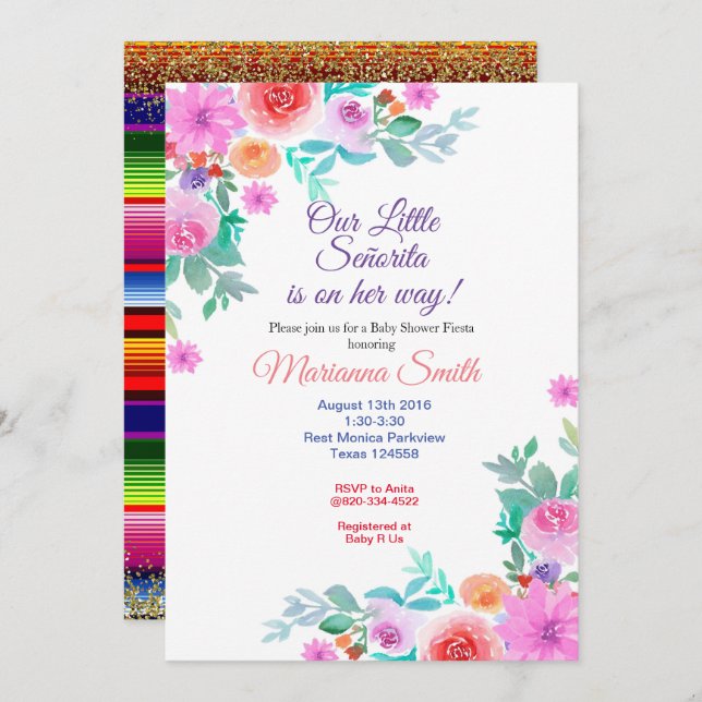 Senorita Floral Fiesta Baby Shower Gold Girl Invitation (Front/Back)