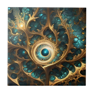 Sense Of Sight Teal And Gold Fractal Abstract Art, Ceramic Tile