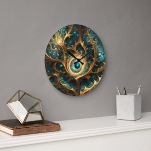 Sense Of Sight Teal And Gold Fractal Abstract Art, Large Clock