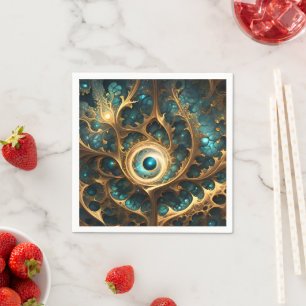 Sense Of Sight Teal And Gold Fractal Abstract Art, Napkin