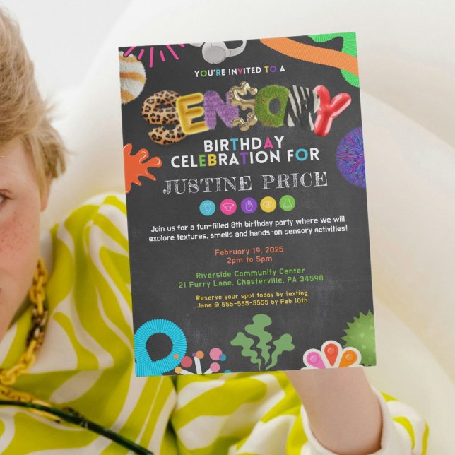 Sensory Birthday Celebration Invitation (A sensory birthday invitation with a chalkboard background, perfect for a fun, hands-on celebration!)