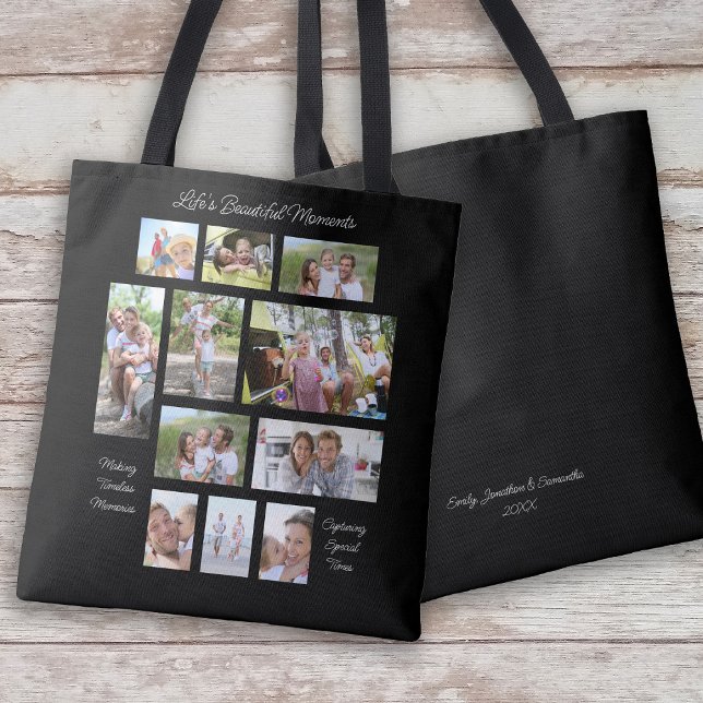 Sentimental 3 Quotes 11 Photo Collage Black Tote Bag (Front and back view)