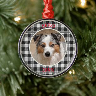 Sentimental Dog Portrait Buffalo Plaid Design Metal Ornament