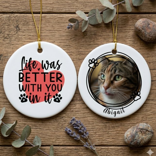 Sentimental Minimalist Cat Memorial Gift Ceramic Ornament (In loving memory pet memorial ceramic ornament)