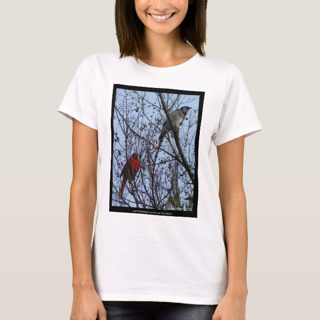 Sentinels Blue Jay and Cardinal by Lee Hiller T-Shirt (Front)
