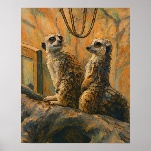 Sentinels of Stillness – Meerkat Pair on Branch Poster (Front)