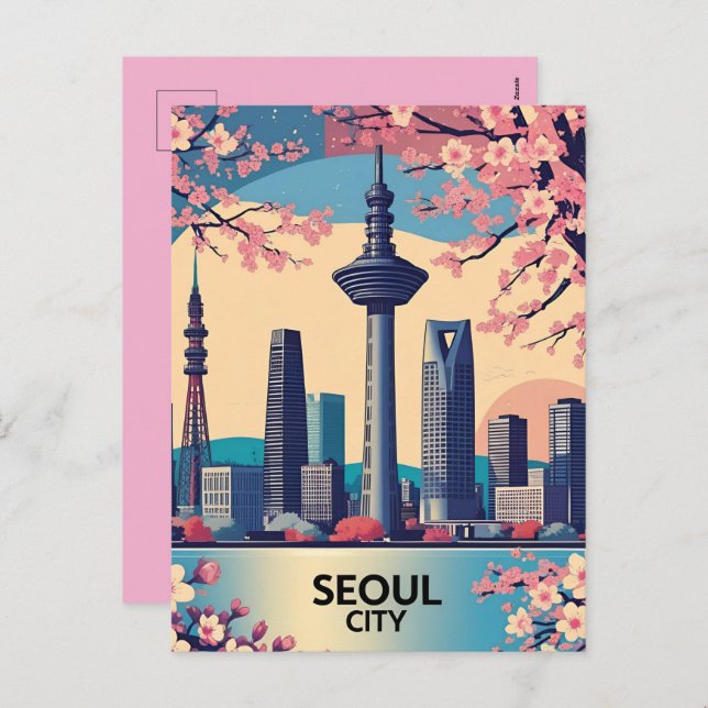  Seoul City  Modern Skyline Retro Art South Korea Holiday Postcard (Front/Back)