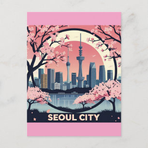  Seoul City  Modern Skyline Retro Art South Korea Postcard