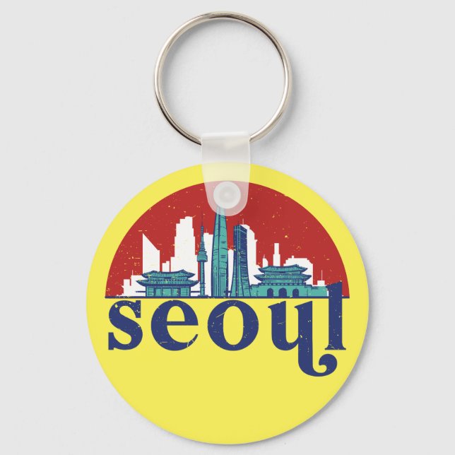 Seoul Korea Retro Sun City Skyline Cityscape Art Key Ring (Front)
