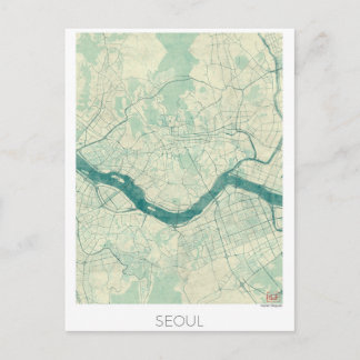Seoul Map Blue Vintage Watercolor Postcard