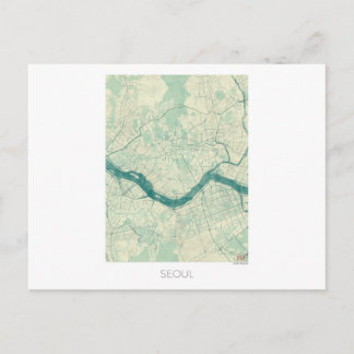 Seoul Map Blue Vintage Watercolor Postcard