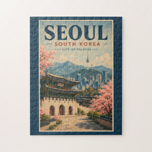 Seoul South Korea Illustration Travel Art Vintage Jigsaw Puzzle