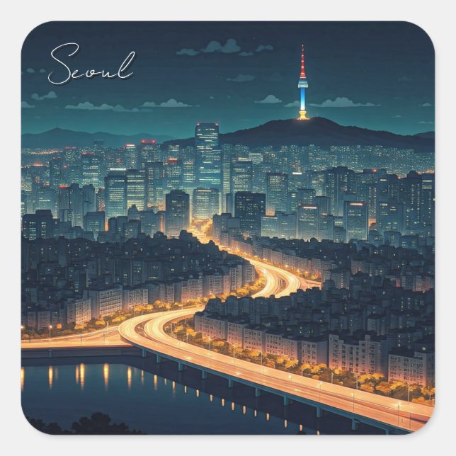 Seoul South Korea Night view Square Sticker (Front)