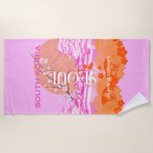 Seoul South Korea Travel Art, Pink Beach Towel