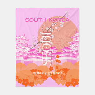 Seoul South Korea Travel Art, Pink Fleece Blanket
