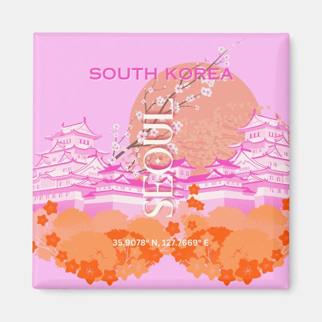 Seoul South Korea Travel Art, Pink Magnet (Front)