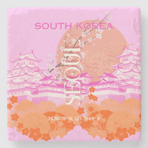 Seoul South Korea Travel Art, Pink Stone Coaster