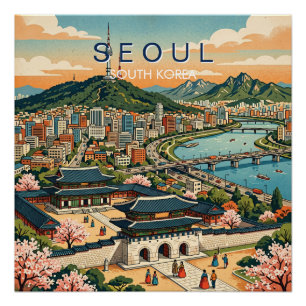 Seoul South Korea Travel Art Vintage Poster