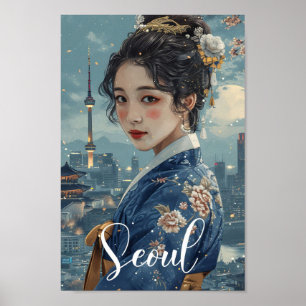 Seoul South Korea Vintage Art Travel Illustration Poster