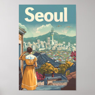 Seoul South Korea Vintage Travel Illustration Poster