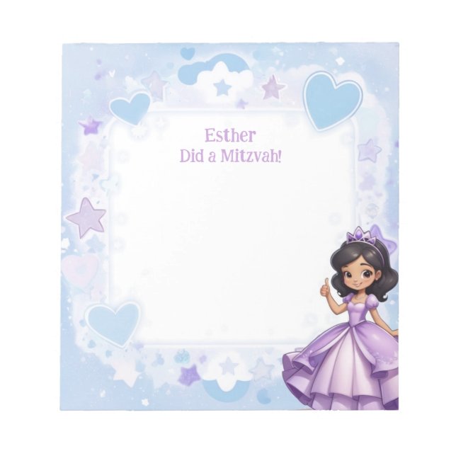 Sephardi Princess Blue Purple Personalised Mitzvah Notepad (Front)